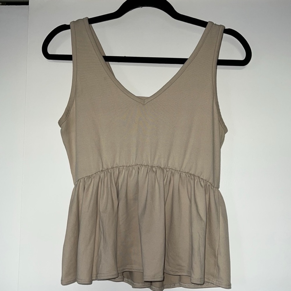 Tan Peplum Sleeveless Tank Top with V-Neckline